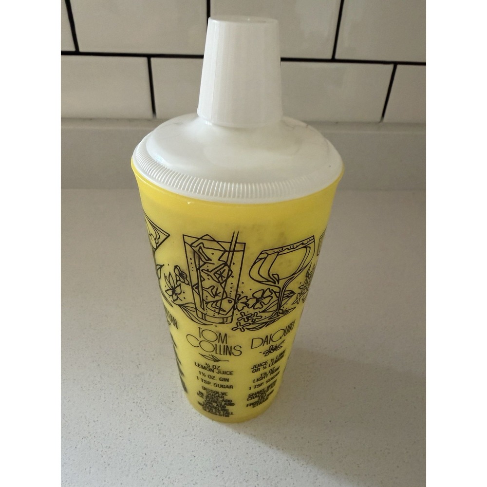 1960's Cocktail Shaker Yellow and White with Drink Printed Recipes 32 Oz
